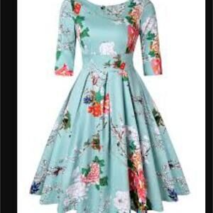 MINT LIMIT Blue Floral 50s Retro Party Swing Dress Pleated Skirt Fit & Flare M